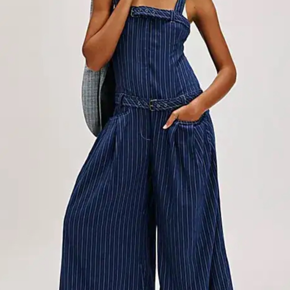 Free People FLORES  Navy Pinstriped Jumpsuit
